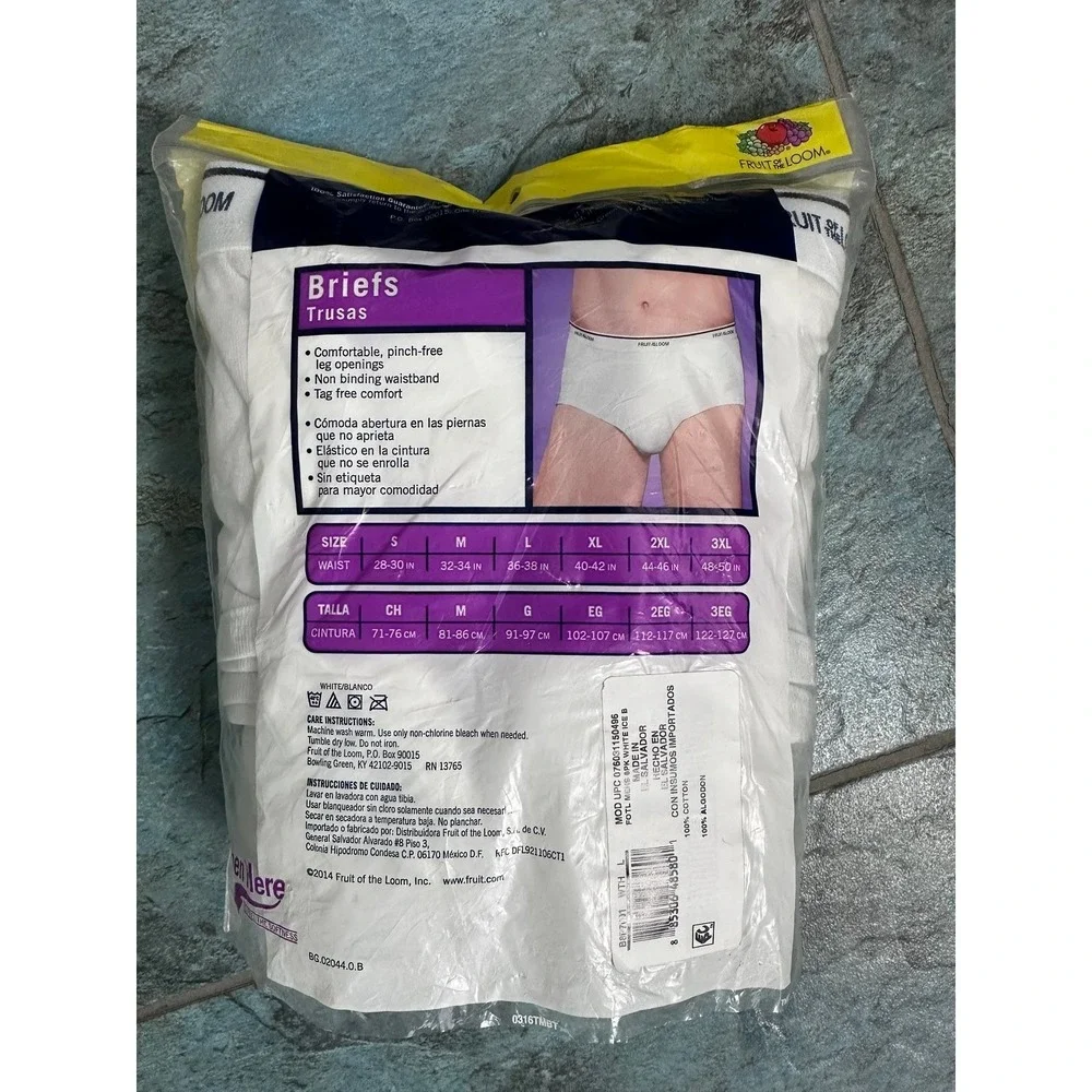 New Fruit of the Loom 100% Cotton Briefs Men's L White Tagless 8 Pack